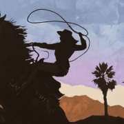 An illustration of a cowgirl on a horse at sunset